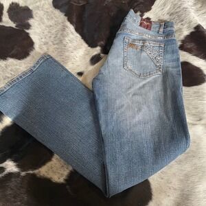 Sweet Vibes Women's Jeans Size 7 Light Wash Flare Leg‎ Embellished Pockets Bling